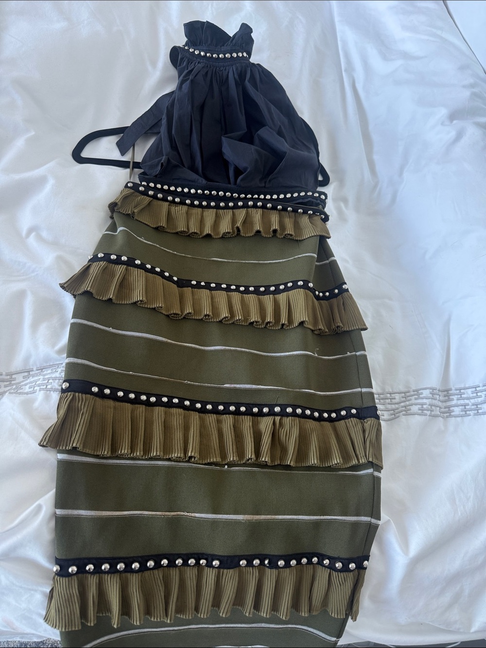 Eliya the label Olive Green Midi Ruffle Pencil Skirt with Black Trim top very st